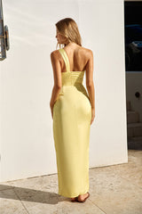 Celebrations Under Stars Satin One Shoulder Maxi Dress Yellow