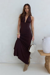 Iconic Evening Halter Maxi Dress Brown