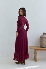 Whispered Secrets Mesh Long Sleeve Maxi Dress Wine