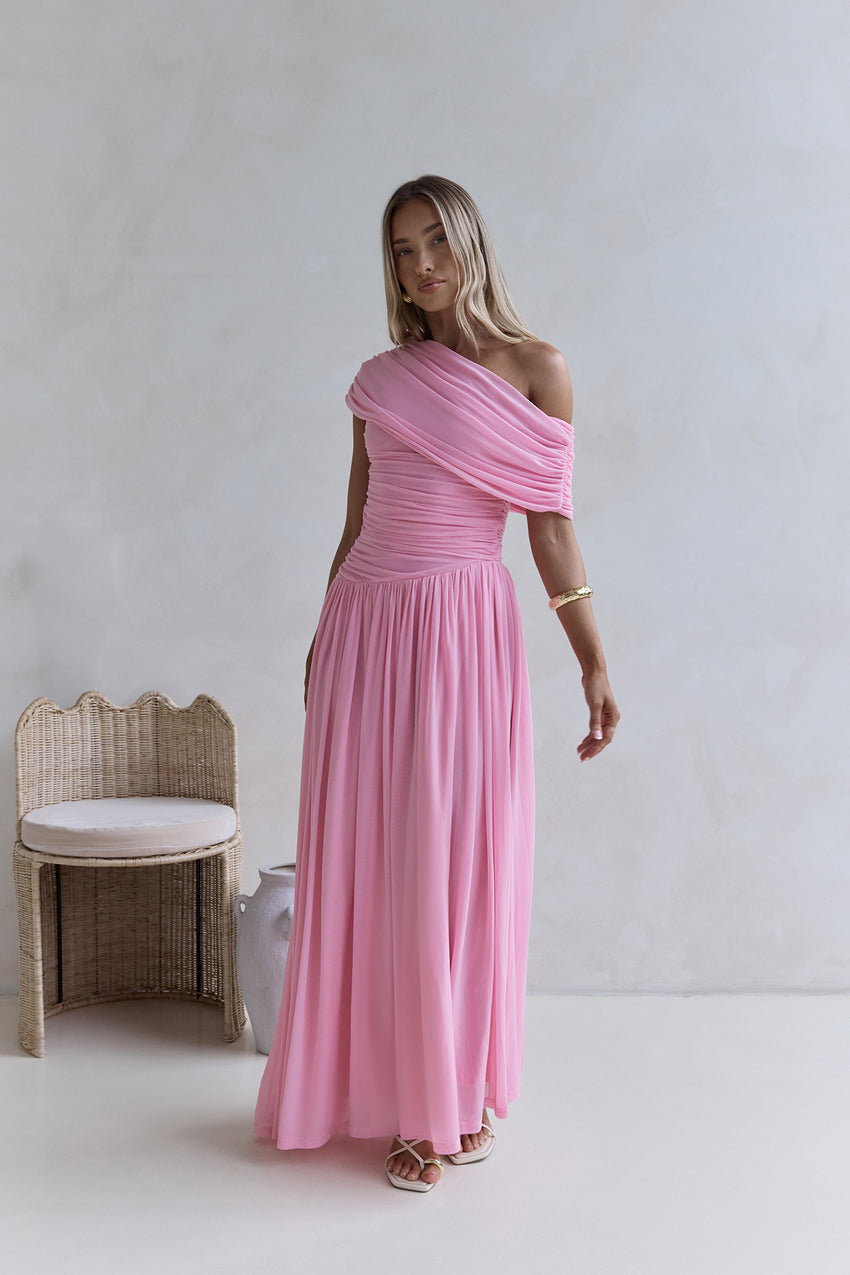 Hidden Flair One Shoulder Mesh Maxi Dress Pink