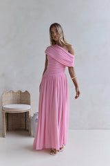 Hidden Flair One Shoulder Mesh Maxi Dress Pink